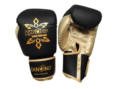 Kanong Boxing Gloves : "Thai Power" Black/Gold Thai Tattoo