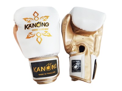 Kanong Muay Thai Gloves : "Thai Power" White/Gold Thai Tattoo