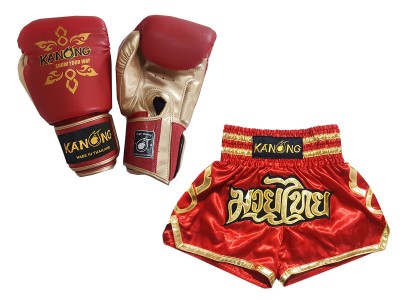 Muay Thai gear bundle  - Boxing gloves and Muay Thai Shorts with name : Model 121 Red