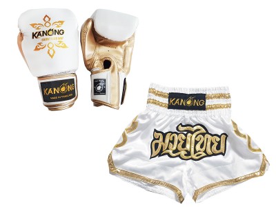 Muay Thai gear bundle  - Boxing gloves and Muay Thai Shorts with name : Model 121 White