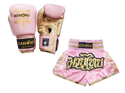 Muay Thai Pack - Boxing gloves and Muay Thai Shorts with name : Model 121 Pink