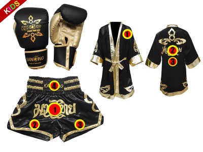 Muay Thai Set - Boxing Gloves + custom shorts + custom robe for kids : Black Thai Power