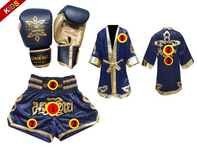 Muay Thai Set - Boxing Gloves + custom shorts + custom robe for kids : Navy Thai Power