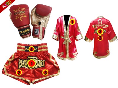 Muay Thai Set - Boxing Gloves + custom shorts + custom robe for kids : Red Thai Power