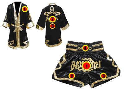 Muay Thai Set - Customize Boxing Robe and Muay Thai Shorts : Black Lai Thai