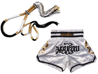 Mongkol Prajead set with Muay Thai Shorts : Set-Mongkol-ThaiStyle-White-Black-Gold-143-White