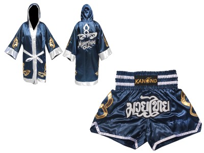 Custom Boxing Robe and Muay Thai Shorts : Set-143-Navy