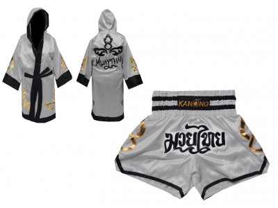 Custom Boxing Robe and Muay Thai Shorts : Set-143-Silver