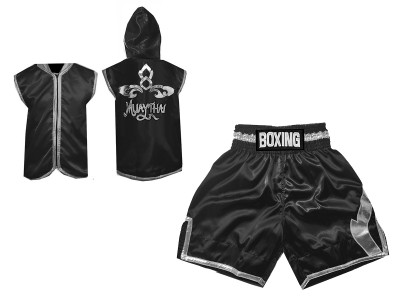 Custom Boxing set - Boxing Hoodies and Boxing Shorts : KNCUSET-008-Black-Silver