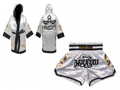 Custom design Boxing Robe and Muay Thai Shorts : Set-143-White