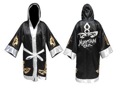 Custom made Muay Thai Boxing Robe with hood : KNFIR-143-Black