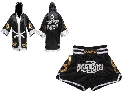 Personalised Boxing Robe and Muay Thai Shorts : Set-143-Black