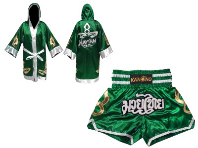 Personalised Boxing Robe and Muay Thai Shorts : Set-143-Green