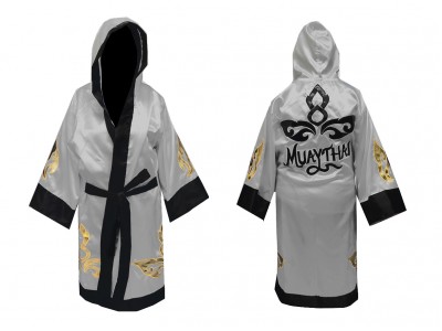 Personalised  Muay Thai Boxing Robe with hood : KNFIR-143-Silver