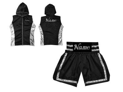 Custom Boxing set - Boxing Hoodies and Boxing Shorts : KNCUSET-007-Black-Silver