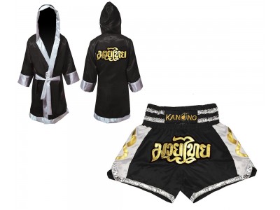 Custom design Boxing Robe and Muay Thai Shorts : Set-141-Black