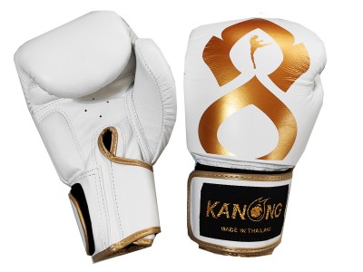 Kanong Genuine Leather Kick Boxing Gloves : "Thai Kick" White/Gold