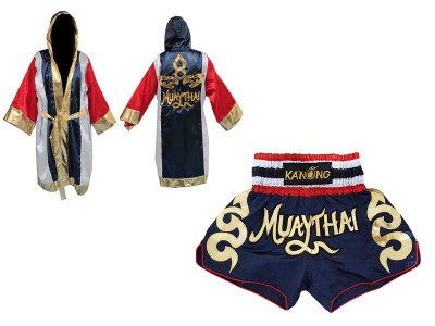 Muay  Thai Set - Customized Boxing Robe + Muay Thai  Shorts : Set-120-Navy-Thai Flag