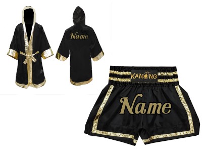 Muay  Thai Set - Customized Boxing Robe + Muay Thai  Shorts : Set-140-Black-Gold