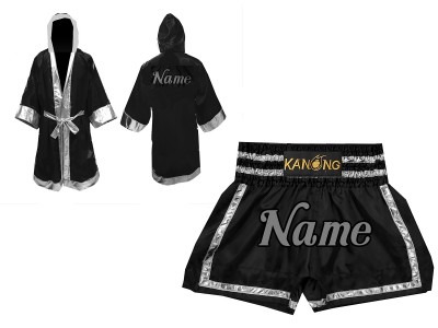 Muay  Thai Set - Customized Boxing Robe + Muay Thai  Shorts : Set-140-Black-Silver