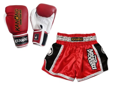 Muay Thai Bundle Boxing gloves and Muay Thai Shorts with name : Model 208 Red