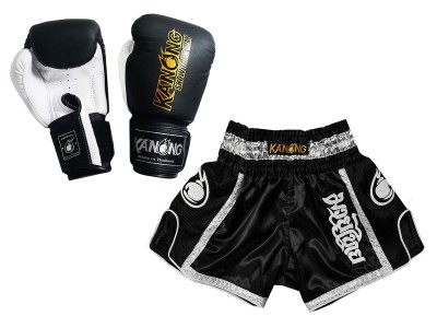 Muay Thai gear bundle  - Boxing gloves and Muay Thai Shorts with name : Model 208 Black