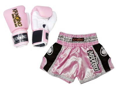 Muay Thai gear bundle - Boxing gloves and Muay Thai Shorts with name : Model 208 Pink