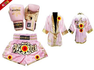 Custom Muay Thai bundle - Boxing Gloves + custom shorts + custom robe for kids : Pink Thai Power