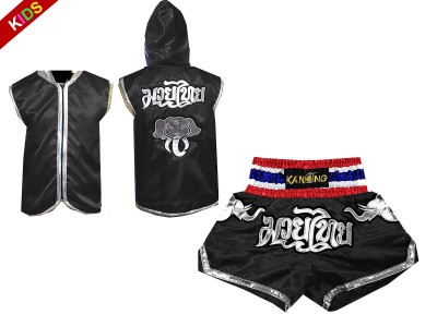 Muay Thai Set - Customize Boxing Hoodies and Muay Thai Shorts for Children : Black Elephant