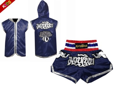 Muay Thai Set - Personalised Boxing Hoodies and Kickboxing Shorts for Children : Navy Elephant