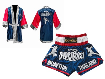 Muay  Thai Set - Customized Boxing Robe + Muay Thai  Shorts : Navy Nak Muay